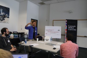 Geetesh Dubey, with Nabla Ascent cofounders Daniel Maturana and Sankalp Arora, explains the programming components of the drone challenge.